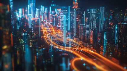 Obraz premium Smart Innovation city with connection cyber security network reciprocity over the night cityscape future wireless digital city and social media networking systems that connects people in the city