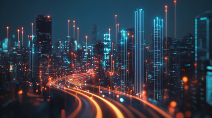 Fototapeta premium Smart Innovation city with connection cyber security network reciprocity over the night cityscape future wireless digital city and social media networking systems that connects people in the city