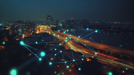 Smart Innovation city with connection cyber security network reciprocity over the night cityscape future wireless digital city and social media networking systems that connects people in the city