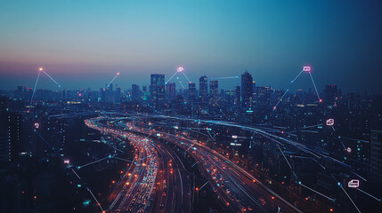 Obraz premium Smart Innovation city with connection cyber security network reciprocity over the night cityscape future wireless digital city and social media networking systems that connects people in the city
