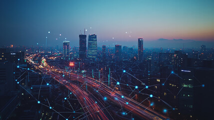 Fototapeta premium Smart Innovation city with connection cyber security network reciprocity over the night cityscape future wireless digital city and social media networking systems that connects people in the city
