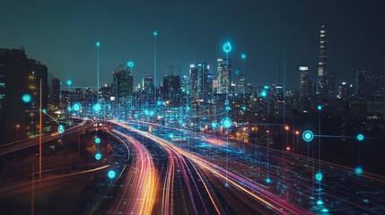 Smart Innovation city with connection cyber security network reciprocity over the night cityscape future wireless digital city and social media networking systems that connects people in the city