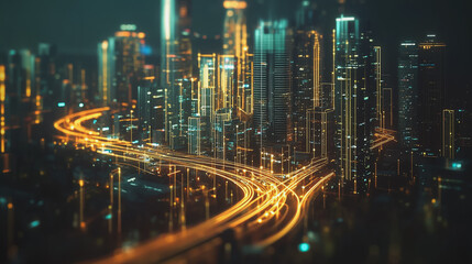 Smart Innovation city with connection cyber security network reciprocity over the night cityscape future wireless digital city and social media networking systems that connects people in the city