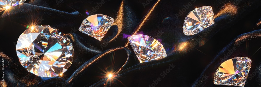 Fototapete Sparkling large diamonds scattered on a dark fabric background with copy space for elegant text. Generative AI