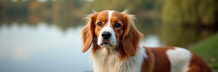 Fototapeta premium Portrait of a sweet Kooikerhondje with attentive eyes gazing directly at the viewer near a reflective lake during a golden hour afternoon