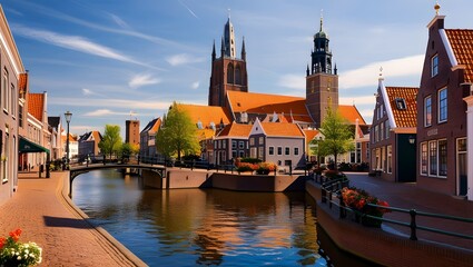 bridge over a canal with buildings and trees