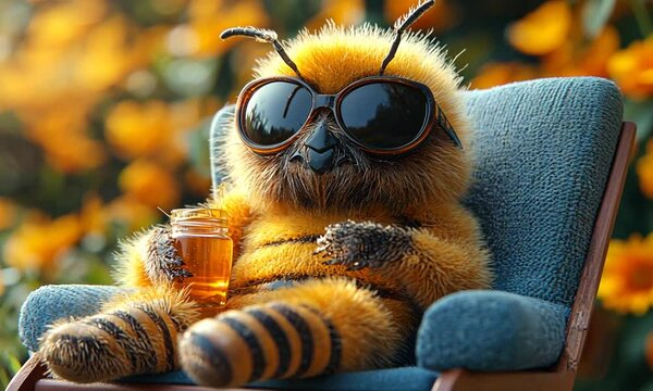 A whimsical bee in sunglasses relaxing with a jar of honey amidst vibrant flowers.