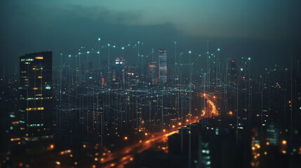 Smart Innovation city with connection cyber security network reciprocity over the night cityscape future wireless digital city and social media networking systems that connects people in the city