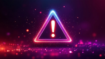 Warning exclamation mark icon in digital hologram style on abstract background with glowing network elements.