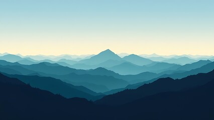 Panoramic landscape with blue and green misty silhouettes of mountains and clear sky