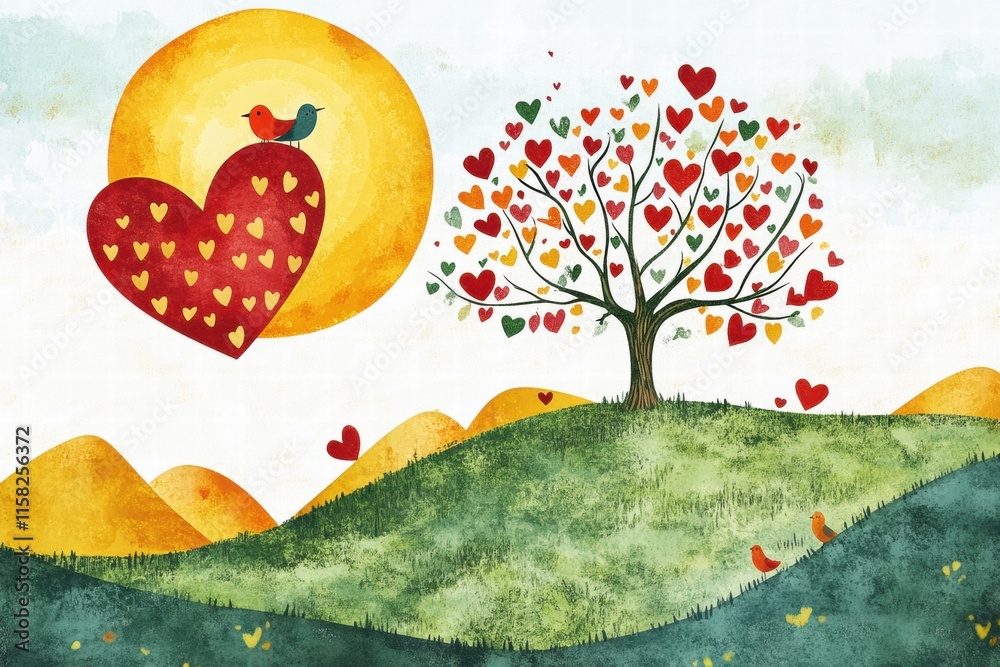 Aufkleber whimsical hand drawn valentines day scene featuring a colorful tree and birds with hearts in a seren