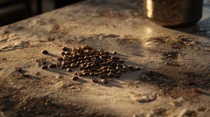 cozy scene of roasted coffee beans scattered on textured countertop, capturing warmth and richness of coffee culture. soft light enhances inviting atmosphere