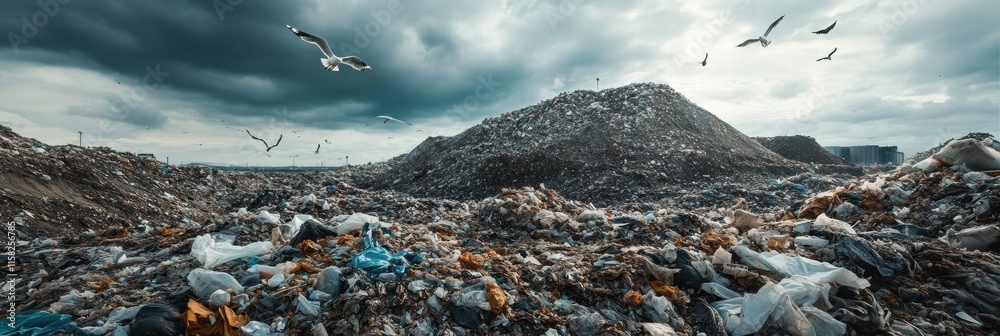 Poster seagulls soaring above a massive landfill site filled with trash and debris under a cloudy sky. gene