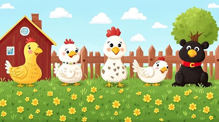 Happy chicken family and black dog on farm.