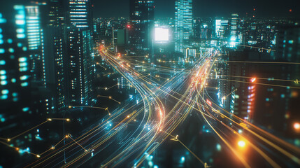 Naklejka premium Smart Innovation city with connection cyber security network reciprocity over the night cityscape future wireless digital city and social media networking systems that connects people in the city