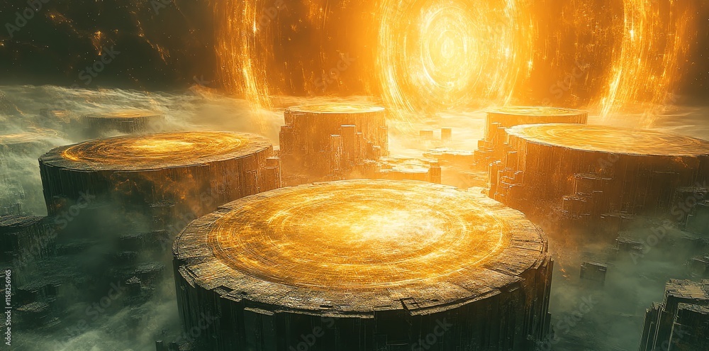 Aufkleber a surreal landscape featuring glowing circular structures amidst a cosmic backdrop.