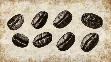 Fototapeta premium dynamic arrangement of coffee beans on textured background creates inviting atmosphere for coffee lovers. rich colors and unique shapes highlight beauty of these beans