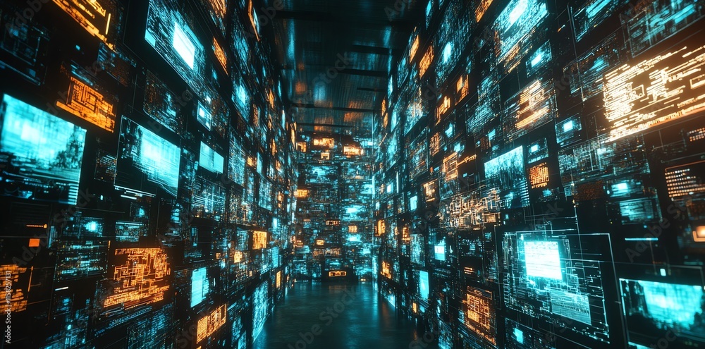 Poster A futuristic corridor filled with glowing screens displaying digital data and graphics.