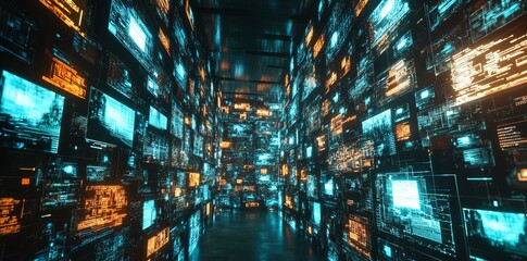 A futuristic corridor filled with glowing screens displaying digital data and graphics.