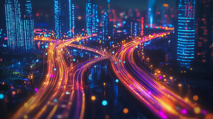 Fototapeta premium Smart Innovation city with connection cyber security network reciprocity over the night cityscape future wireless digital city and social media networking systems that connects people in the city