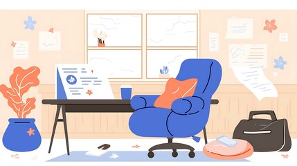 Flat design of a creative workspace with a sketchpad, art supplies, and a lamp