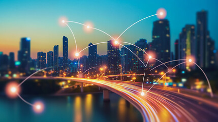 Fototapeta premium Smart Innovation city with connection cyber security network reciprocity over the night cityscape future wireless digital city and social media networking systems that connects people in the city