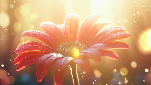 A vibrant red gerbera daisy illuminated by soft sunlight, surrounded by lush greenery. The gentle rays and dewdrops enhance the beauty of the flower, evoking a sense of serenity and natural wonder