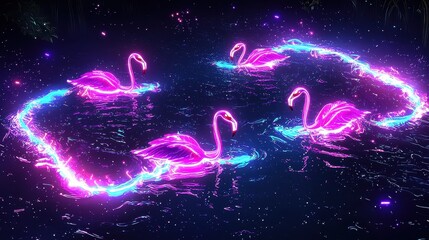 A glowing neon flamingo flock wading through a radiant lake under a glowing aurora, their feathers glowing in vibrant pink and cyan, surrounded by faint light trails, shimmering water ripples, 