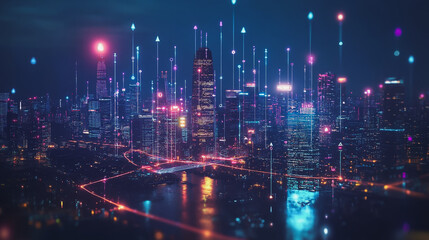 Fototapeta premium Smart Innovation city with connection cyber security network reciprocity over the night cityscape future wireless digital city and social media networking systems that connects people in the city