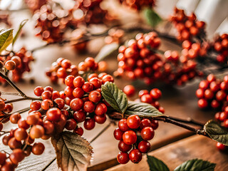 Close Up of Vibrant Red Berries on a Wooden Surface. Plant Background
