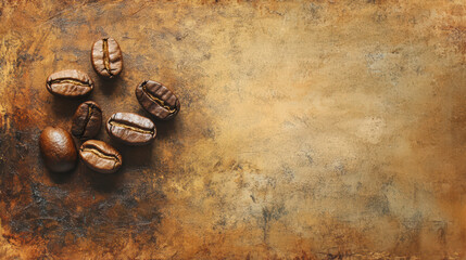 Rich roasted coffee beans arranged on textured surface, showcasing their deep brown color and unique shapes, perfect for coffee lovers and culinary enthusiasts