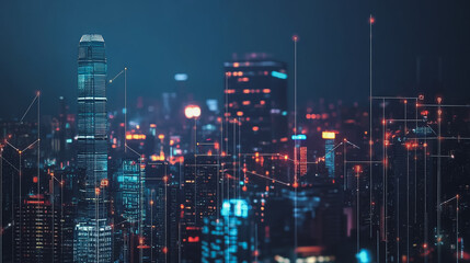 Smart Innovation city with connection cyber security network reciprocity over the night cityscape future wireless digital city and social media networking systems that connects people in the city