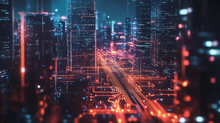 Smart Innovation city with connection cyber security network reciprocity over the night cityscape future wireless digital city and social media networking systems that connects people in the city
