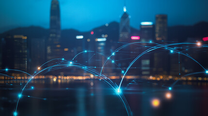 Obraz premium Smart Innovation city with connection cyber security network reciprocity over the night cityscape future wireless digital city and social media networking systems that connects people in the city