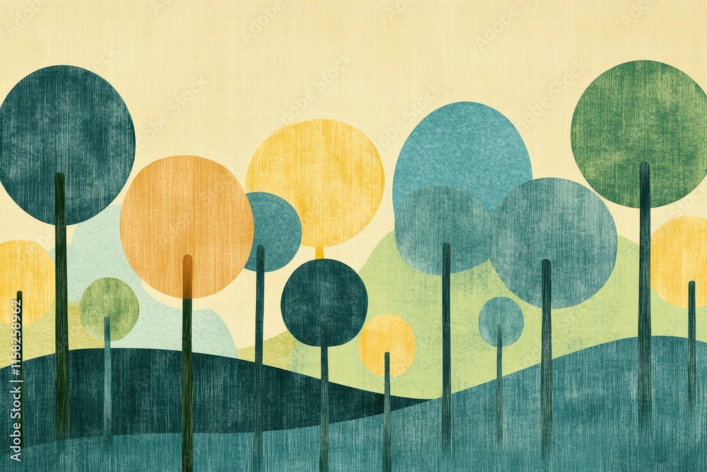 Aufkleber colorful naive art style landscape with trees and hills for creative mock up or text placement oppor