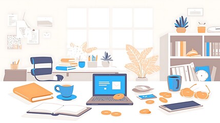 Minimal flat design of a workspace with a laptop, coffee cup, and stationary items
