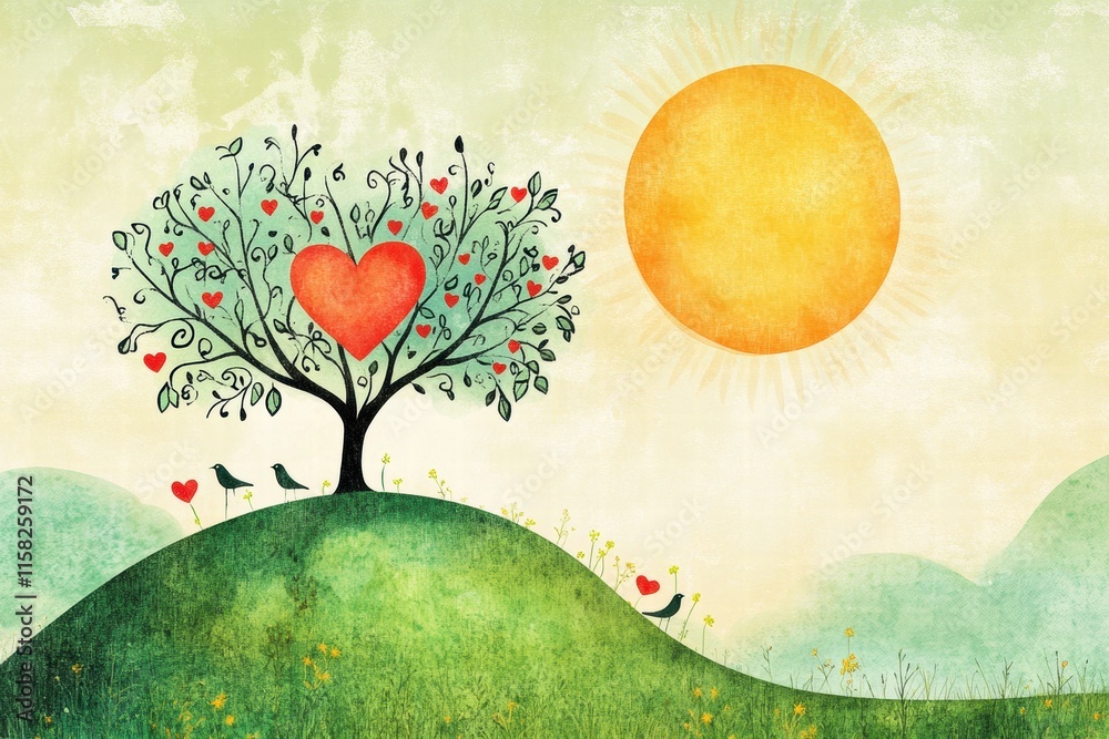 Aufkleber whimsical hand drawn valentines day design featuring a heart tree against a sunny sky. generative ai