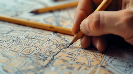 Hand Drawing on Detailed Cadastre Map for Urban Planning and Land Surveying Concepts