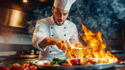 Chef skillfully preparing fiery dish in professional kitchen, showcasing vibrant vegetables and flames, creating exciting culinary experience