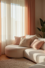 Elegant Pastel Living Room with Cozy Curved Sofa in Soft Natural Light