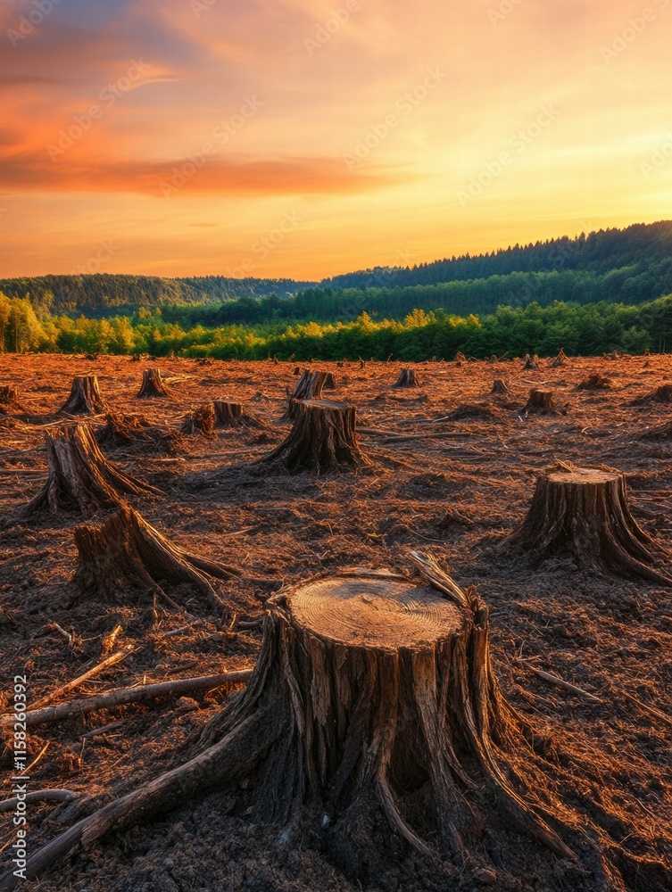 Aufkleber deforestation aftermath showing numerous tree stumps in a barren landscape during sunset in a forest
