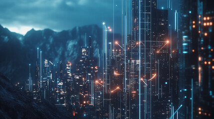 Smart Innovation city with connection cyber security network reciprocity over the night cityscape future wireless digital city and social media networking systems that connects people in the city