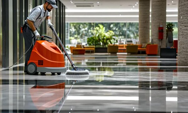 A worker using a floor cleaning machine in a modern indoor space.