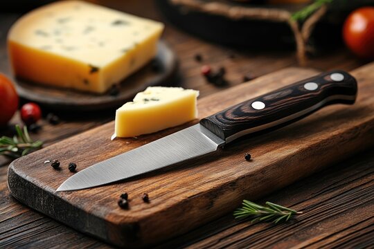 Slicing blue cheese with knife on wooden cutting board