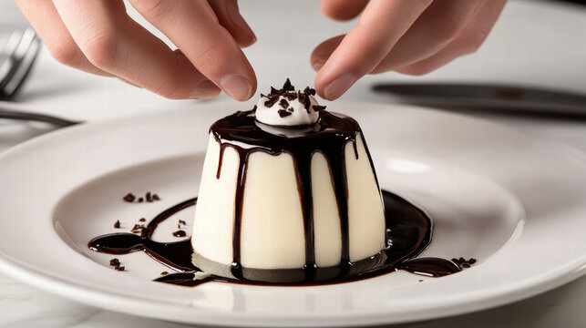 Delicate hands adding final touch of cho te sauce to creamy dessert, enhancing its visual appeal and flavor. This moment captures artistry of dessert preparation