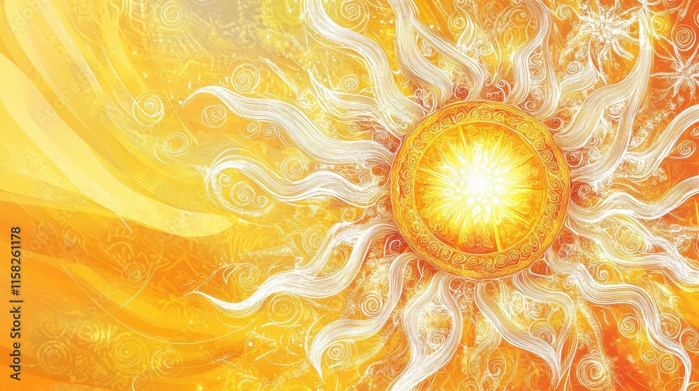 Poster bright sun doodle with intricate pancake like rays radiating warmth and positivity in cheerful color