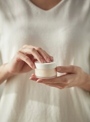 a woman holding cosmetics in a sunny space