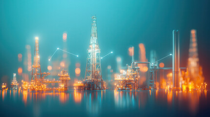 Obraz premium Oil rigs illuminated at night, showcasing advanced technology and industry