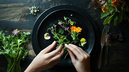 Delicately arranging edible flowers and herbs on black plate, showcasing vibrant colors and textures. This artistic presentation enhances culinary experience