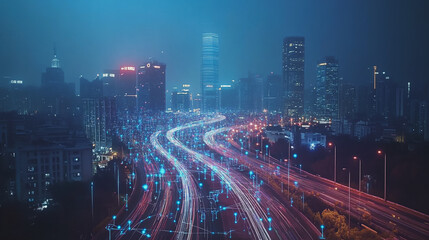 Naklejka premium Smart Innovation city with connection cyber security network reciprocity over the night cityscape future wireless digital city and social media networking systems that connects people in the city